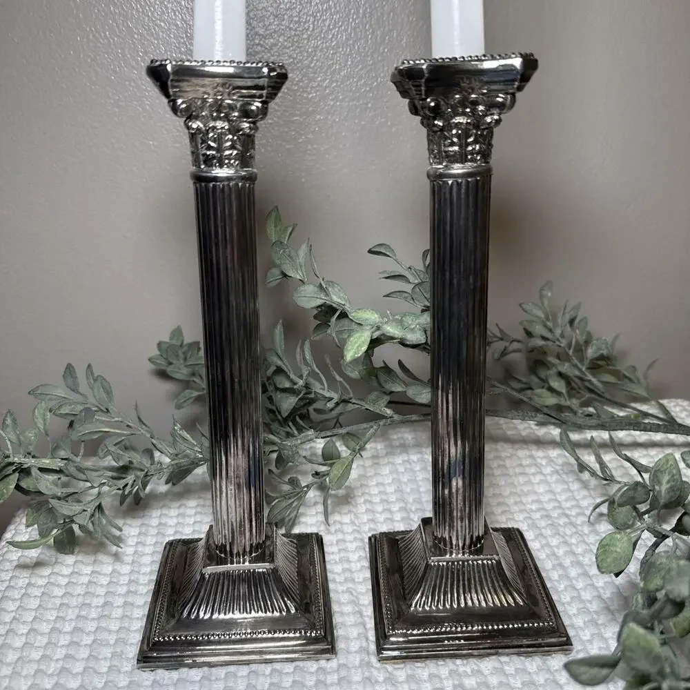 Pair 10” Vintage E.B. Rogers Silverplate Corinthian Column Candlesticks Heavy